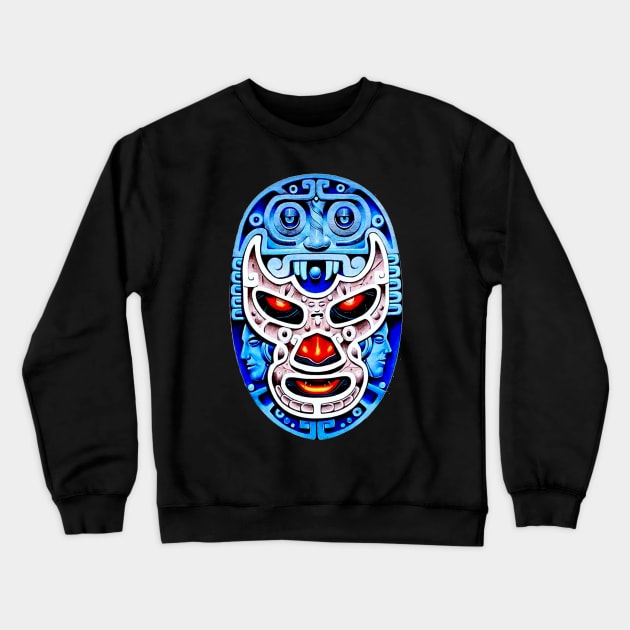 Feel-Ink Blue Demon Lucha Libre Wrestler Aztec Design Crewneck Sweatshirt by FeelInksense